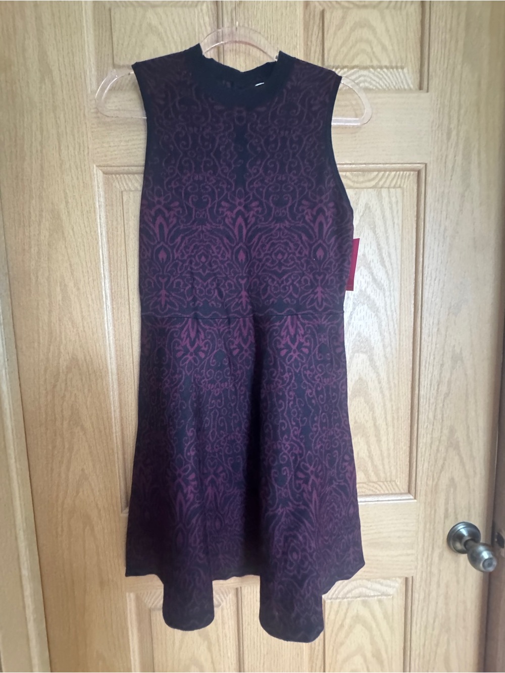 Xhilaration Sleeveless Burgundy and Black Patterned Fit-and-Flare Dress